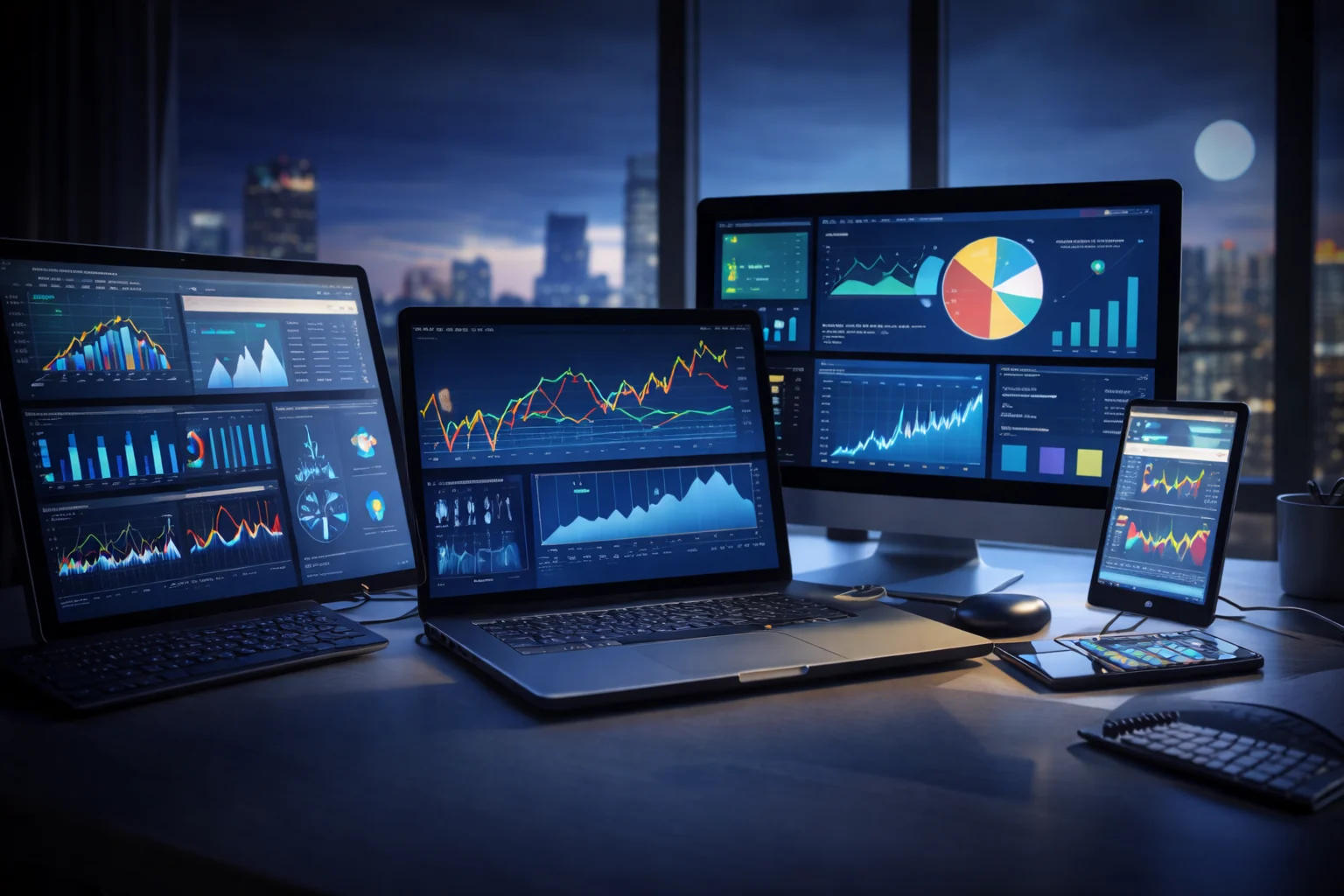 A desk of screens showing social media analytics dashboards at night