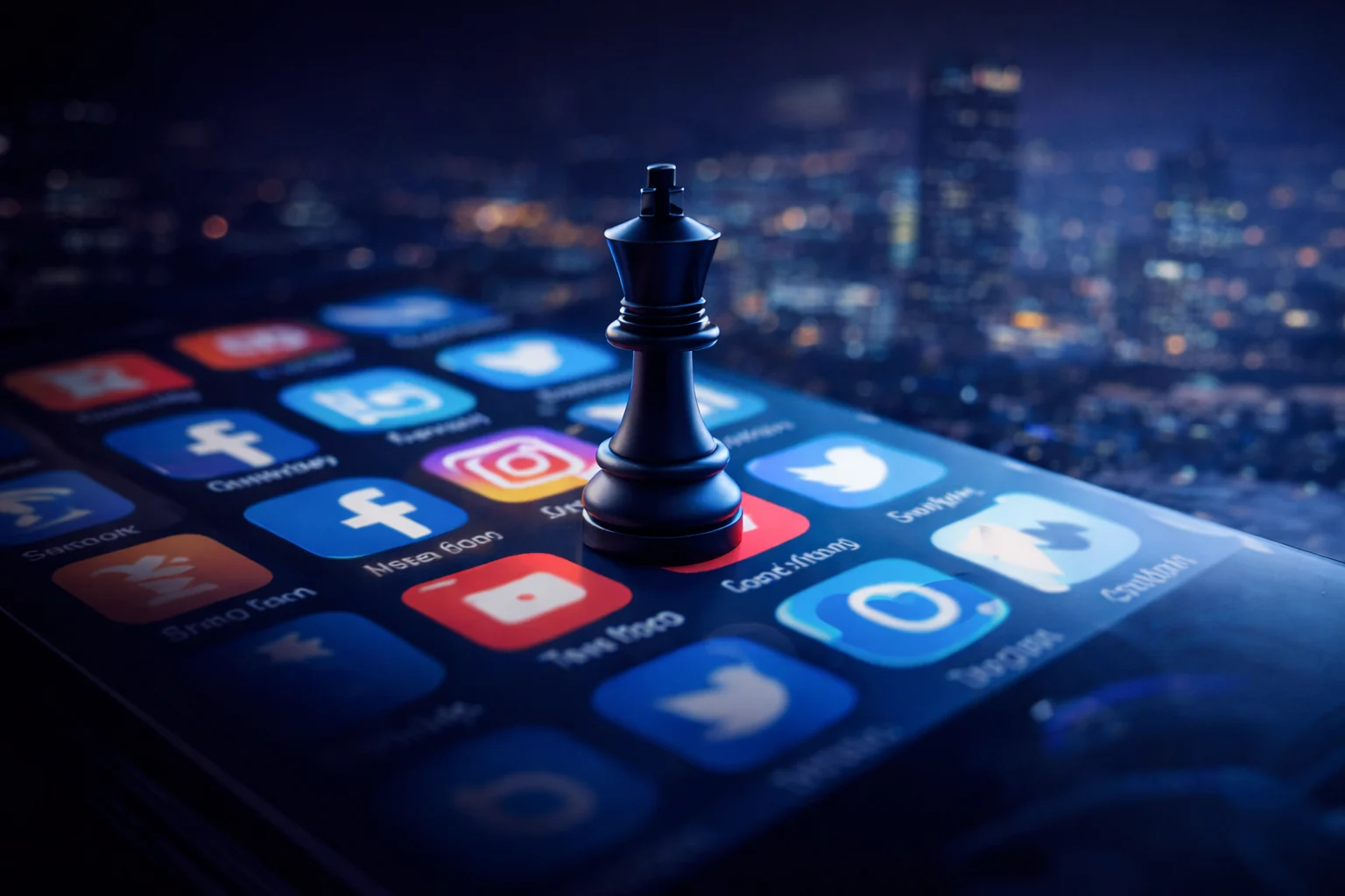 Social media app icons on a phone screen with a chess queen standing among them